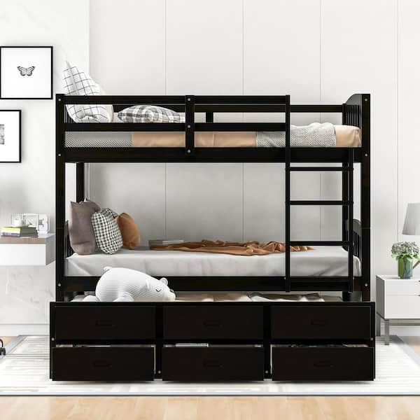 Espresso Twin Over Twin Bunk Bed with Twin Trundle, Detachable Wood Kids Bunk Bed with 3 Drawers and Built-in Ladder