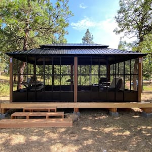 12ft.x20ft. Sunroom Hardtop Gazebo Solarium Galvanized Steel Double Roof Aluminum Screen House Patio Deck Backyard Brown