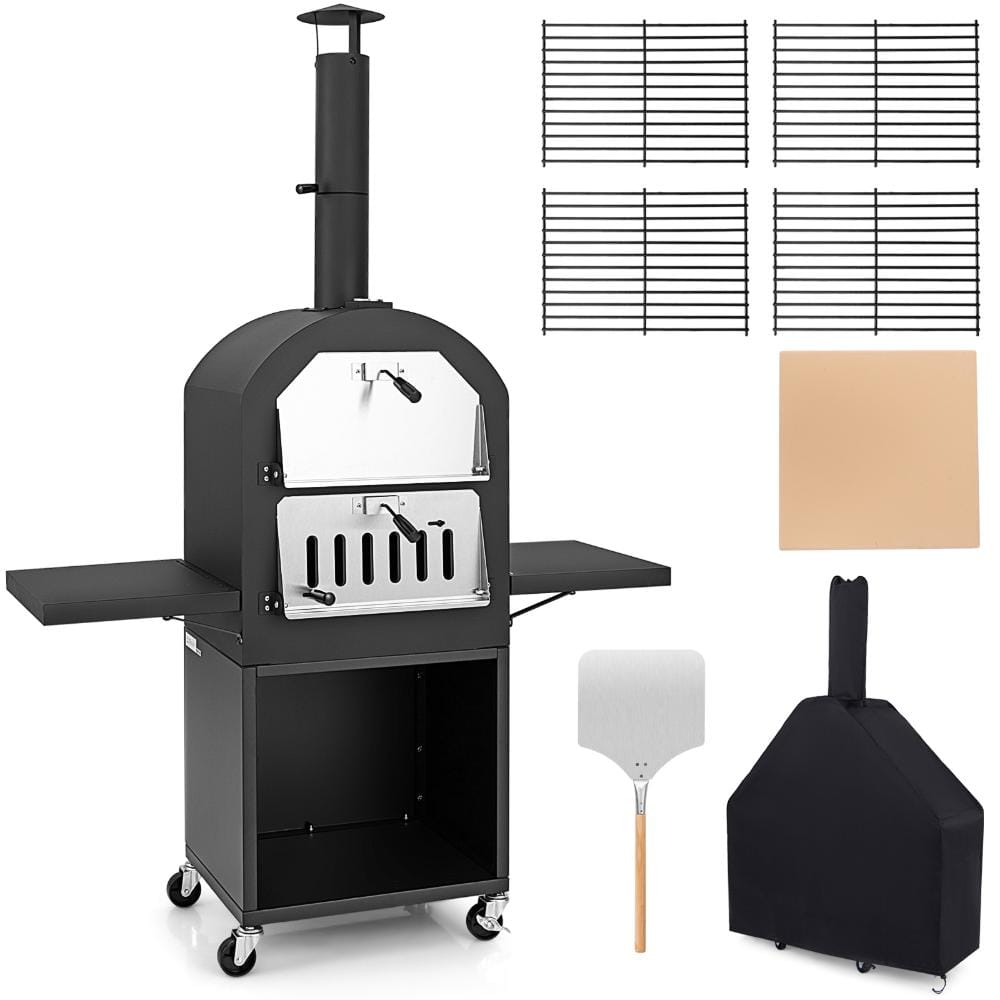 67 in. Outdoor Pizza Oven with Protective Cover, Pizza Stone, Peel and Built-In Thermometer, Black