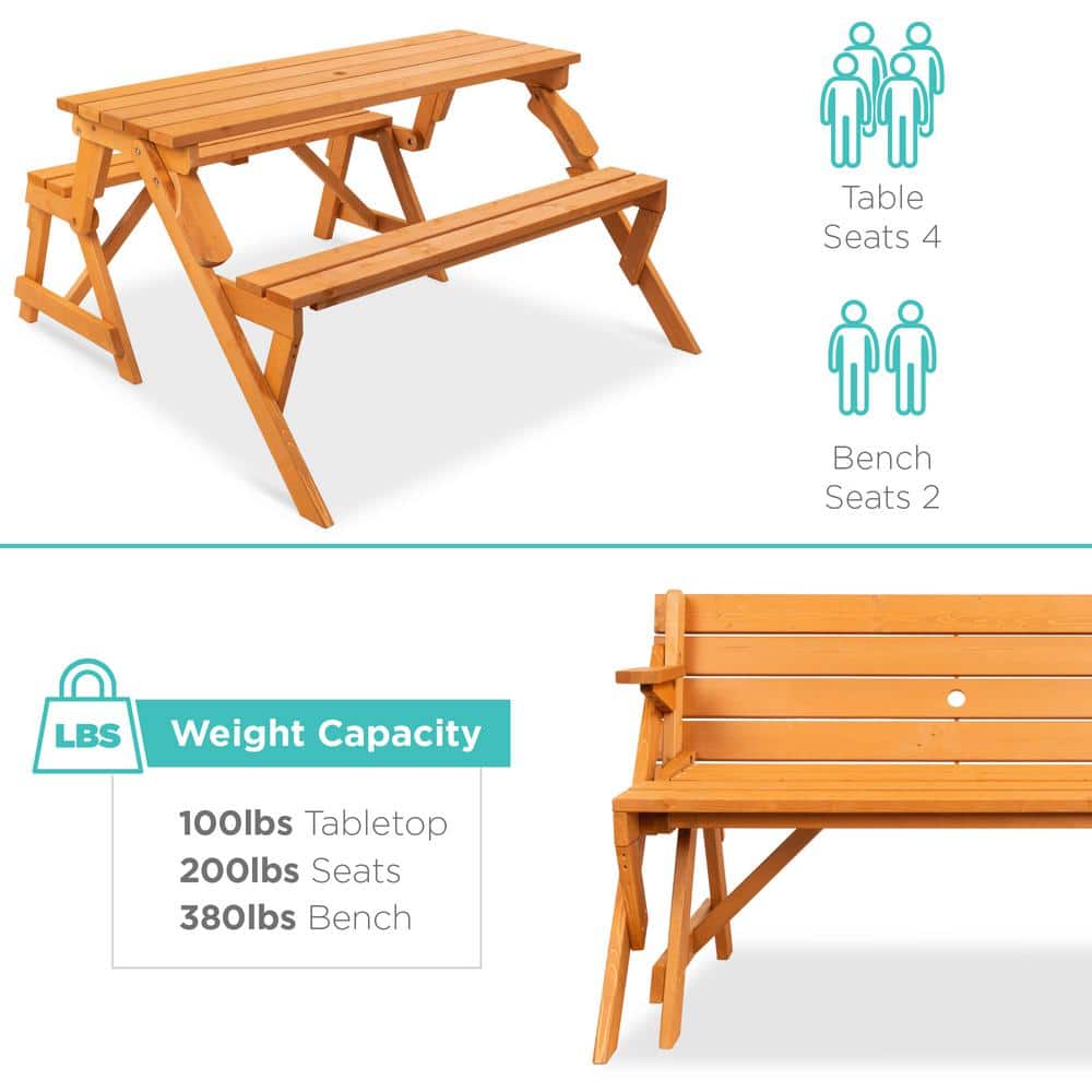 Natural Fir Wood 2-in-1 Outdoor Picnic Table and Garden Bench with Umbrella Hole