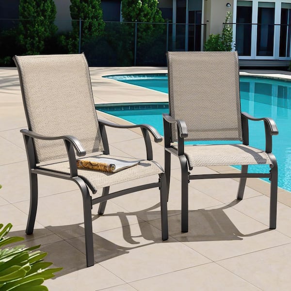 Gray Textilene and Metal Outdoor Dining Chairs Set in Beige with Ergonomic Design (2-Pack)