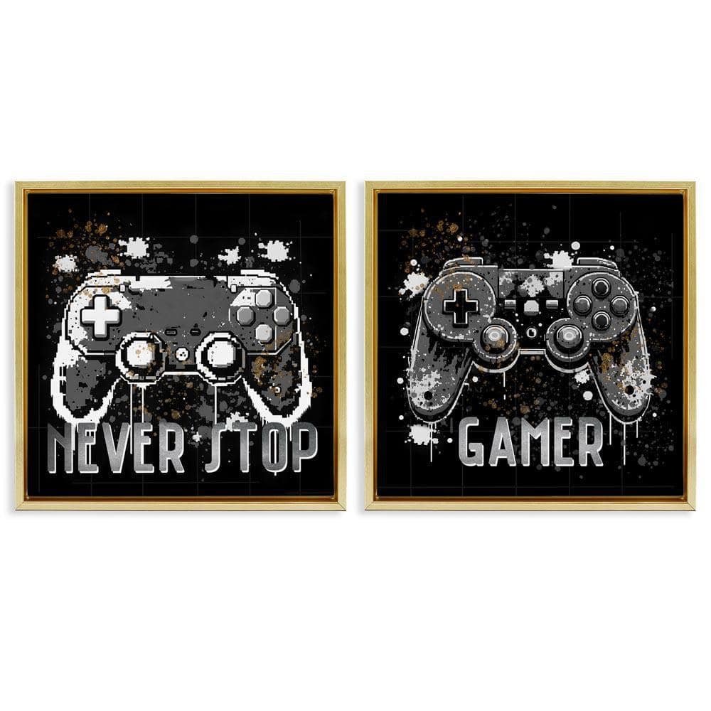 Never Stop Modern Gamer by Kim Allen 2-Pieces Gold Floater Frame Typography Graphic Art Print 25 in. x 25 in.