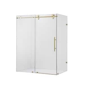Villena 64" W x 78" H Rectangle Sliding Frameless Corner Shower Enclosure in Brushed Gold with Clear Glass
