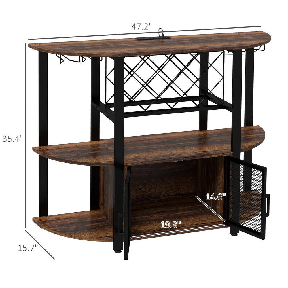 Rustic Brown Wine Bar Cabinet with LED Lights and Charging Station