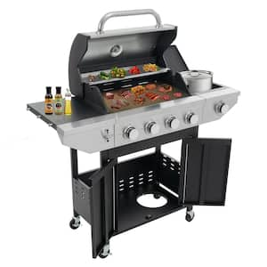 4-Burner Propane Gas Grill in Stainless Steel with Side Burner, Condiment Rack, and Built-in Thermometer for Outdoor BBQ