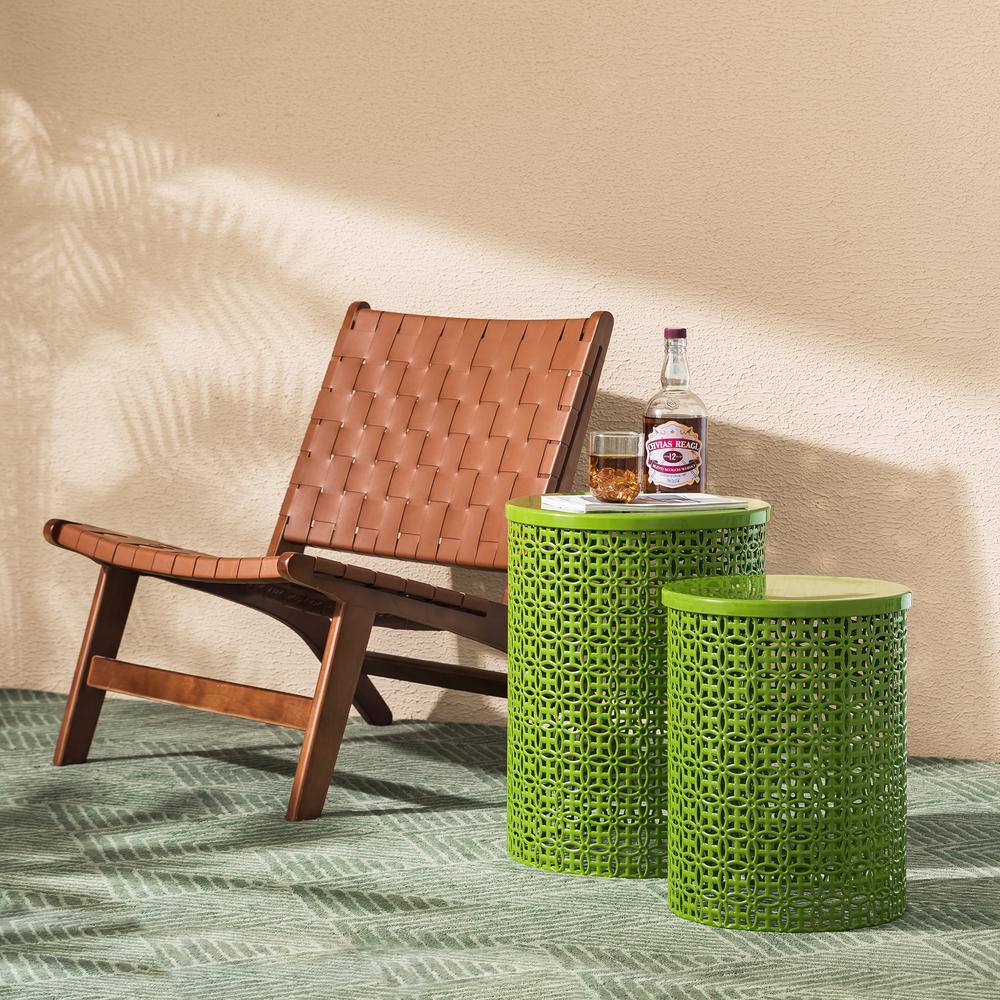 Green Metal Garden Stool Set with Cut-Out Design, 2-Piece