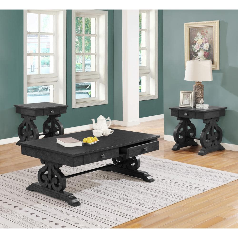 Traditional Dark Gray Wood 3-Piece Coffee Table Set with Drawer Storage