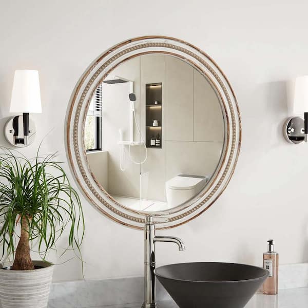 White 23.62 in. W x 23.62 in. H Round Wood Wall Mirror with Beaded Frame, Rustic Farmhouse Circle Mirror for Living Room