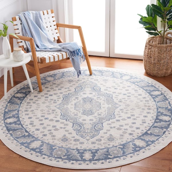 Blair Beige/Gray Blue 7 ft. x 7 ft. Machine Washable Medallion Ornate Round Area Rug