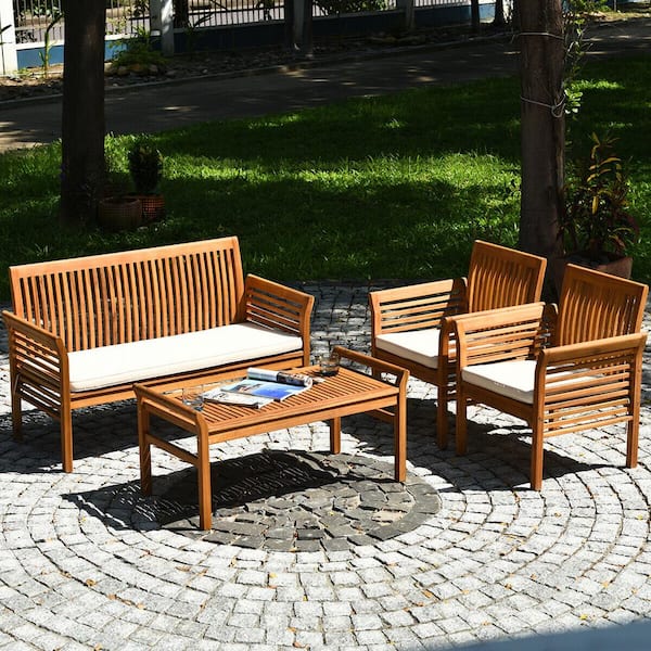 ANGELES HOME 4-Piece Acacia Wood Patio Conversation Set with White Cushions