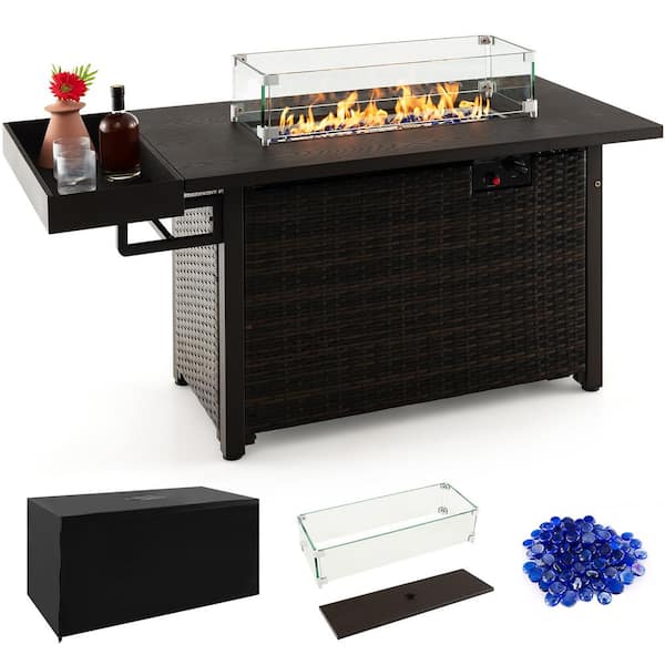 Gymax Brown Wicker Outdoor Propane Gas Fire Pit Table 52 in. Propane Fire Pit with Wind Guard 50,000 BTU Heat Output