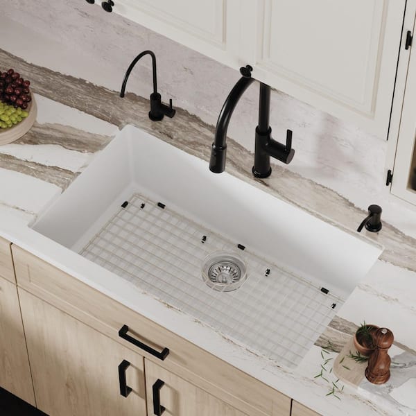 32.5 in. Large Single Bowl Undermount Kitchen Sink in White with Bottom Grid and Strainer