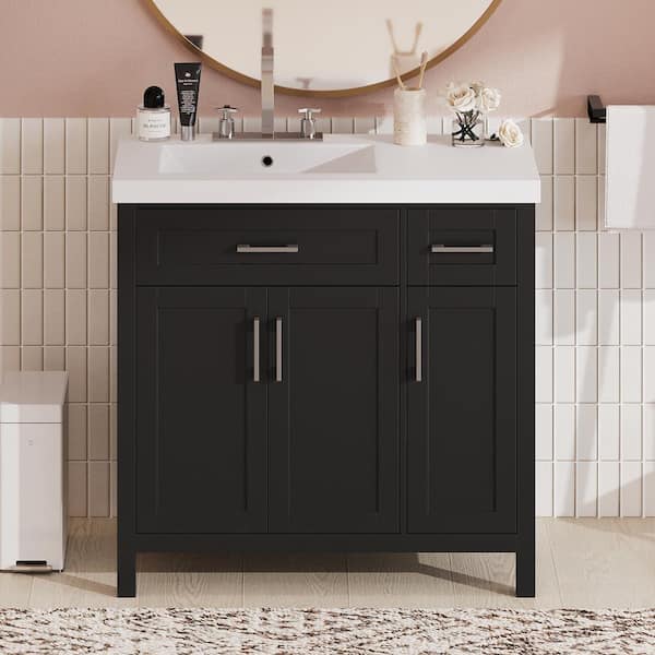 36 in. Freestanding Black Bath Vanity with White Ceramic Top and 2 Drawers Unassembled