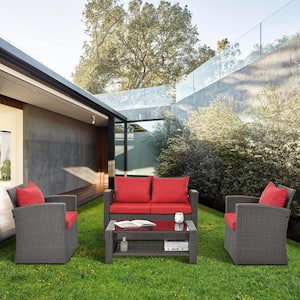 4-Piece PE Wicker Patio Conversation Set with Red Cushions