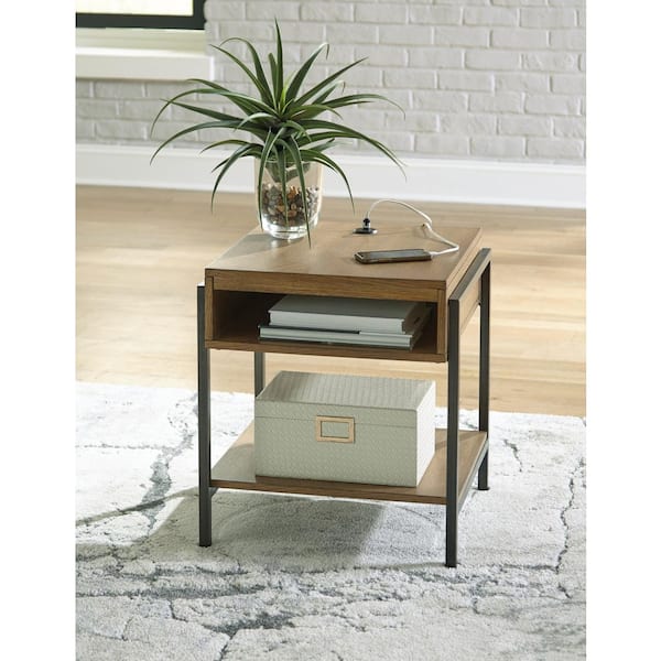 Fridley 20 in. Brown Square Wood End Table with Storage and Shelves