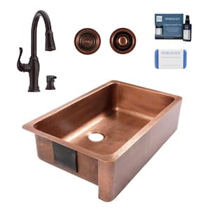Adams 36 in. Farmhouse Apron Undermount Single Bowl 16 Gauge Antique Copper Kitchen Sink with Maren Bronze Faucet Kit