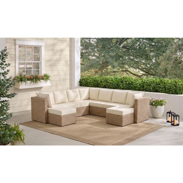 Crystal Ridge Wicker Outdoor 9-Piece Modular Sectional Sofa Set with Almond CushionGuard Cushions