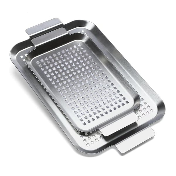 2-Piece Middle and Small Stainless Steel Nonstick Perforated Grill Pan with Holes and Handles in Silver for Vegetable