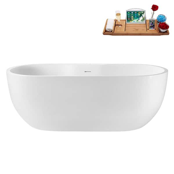 Streamline 65 in. x 29 in. Acrylic Freestanding Soaking Bathtub in Glossy White with Matte Oil Rubbed Bronze Drain, Bamboo Tray