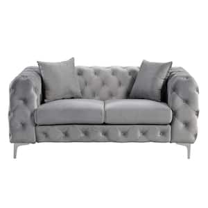 Modern Grey Contemporary 62 in. Love Seat with Deep Button Tufting Dutch Velvet, Solid Wood Frame and Iron Legs