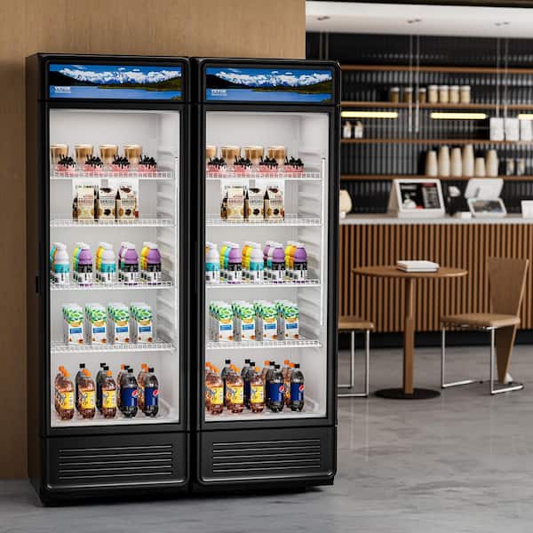 Commercial Refrigerator 13.3 cu.ft. Glass Door Beverage Cooler 24.6 in. W Adjustable Shelves LED Lighting Black