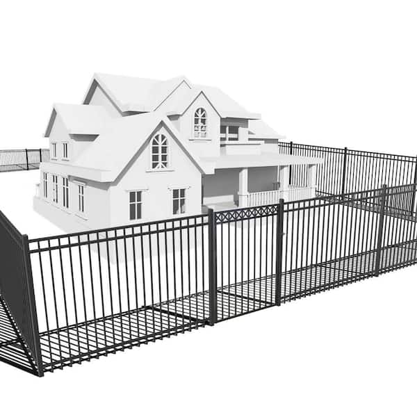 Fencer Wire 6 ft. x 8 ft. Black Steel Spaced Bar Flat Top Metal Fence Panel with Decorative Fence Gate(Set of 76 ft. )