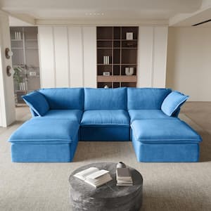 122.8 in. Flared Arm 5-Piece Linen Down-Filled Deep Seat Modular Free Combination Sectional Sofa with Ottoman in Blue