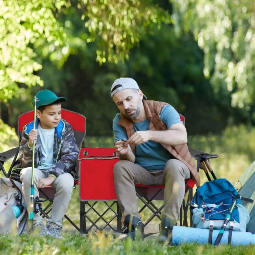 Red Double Folding Camping Chair with Canopy and Cooler