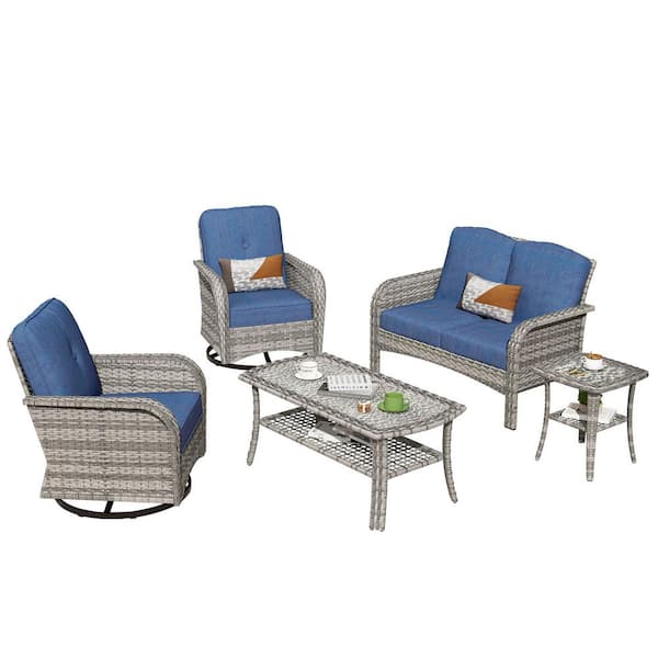 Mejy Gray 5-Piece Wicker Patio Conversation Set with Denim Blue Cushions and Swivel Chairs