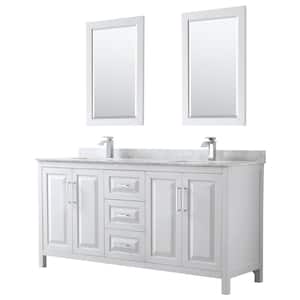 Daria 72 in. Double Bathroom Vanity in White with Marble Vanity Top in Carrara White and 24 in. Mirrors