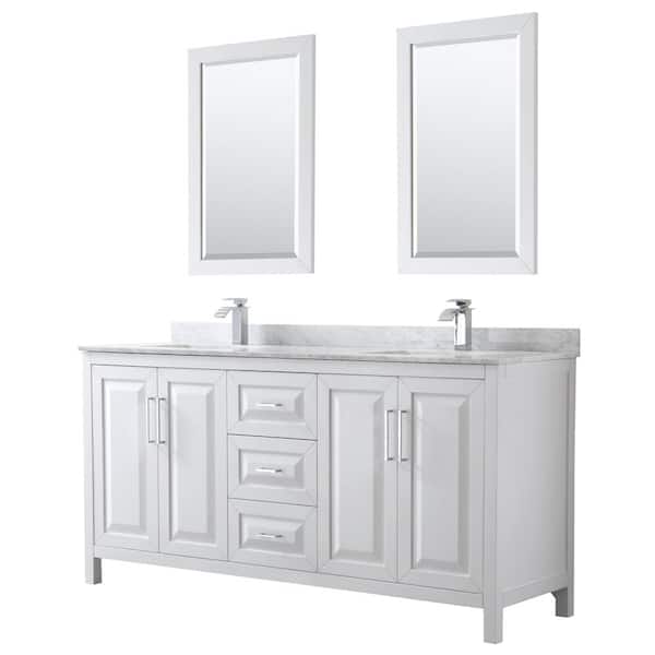 Wyndham Collection Daria 72 in. Double Bathroom Vanity in White with Marble Vanity Top in Carrara White and 24 in. Mirrors