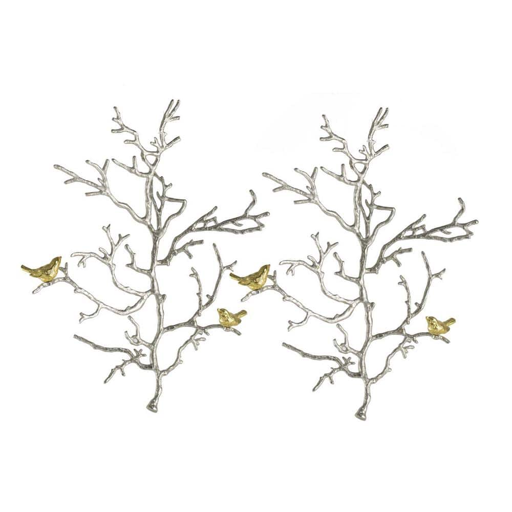 22 in. x 17 in. Silver Metal Work Branch Wall Sculptures with Bird Accents,