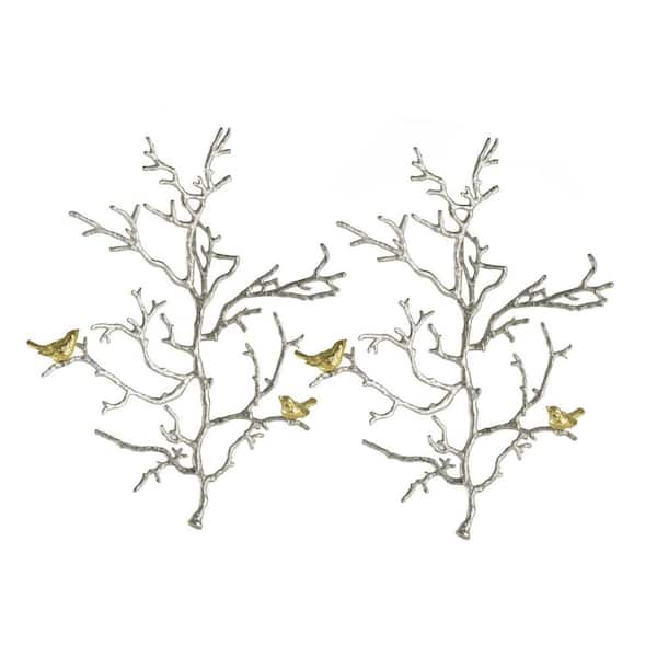 Unbranded 22 in. x 17 in. Silver Metal Work Branch Wall Sculptures with Bird Accents, (Set of 2)