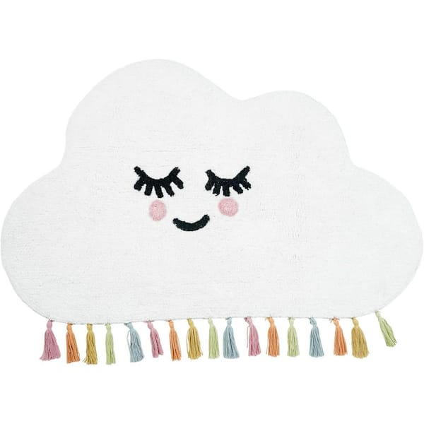 2 ft. x 4 ft. White Cloud Shape Smiley Face Washable Area Rug With Tassels