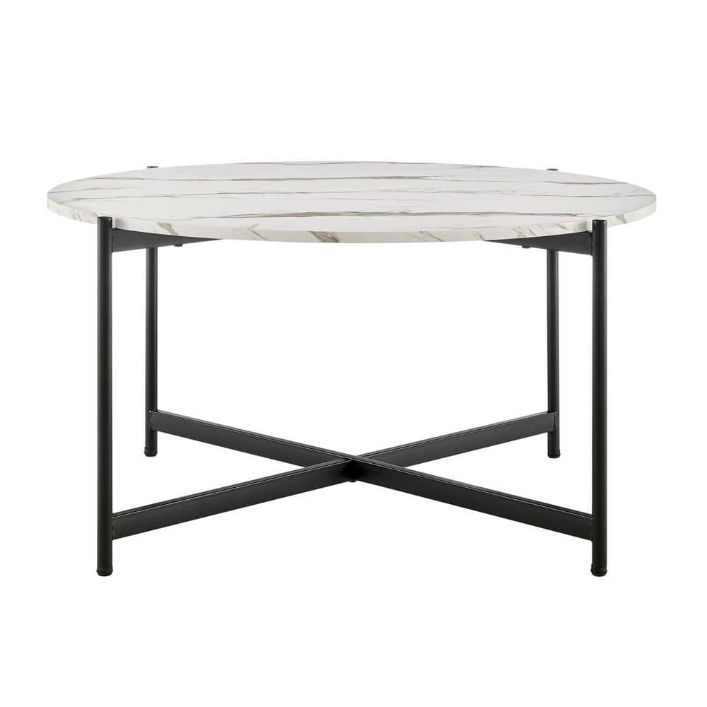 35" Round White Marble Finish Coffee Table with Black Metal Frame
