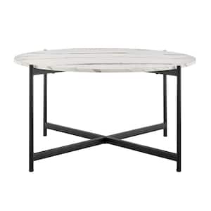 35.2 in. Round Contemporary Marble Finish Veneer Top Black Metal Large Coffee Table - White Marble