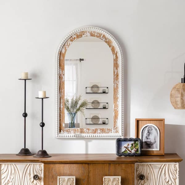 Elevatehome 19 in. W x 31 in. H Arched Antique Wood Finish Framed with White Beaded Accent Decorative Wall Mirror, Entry Way