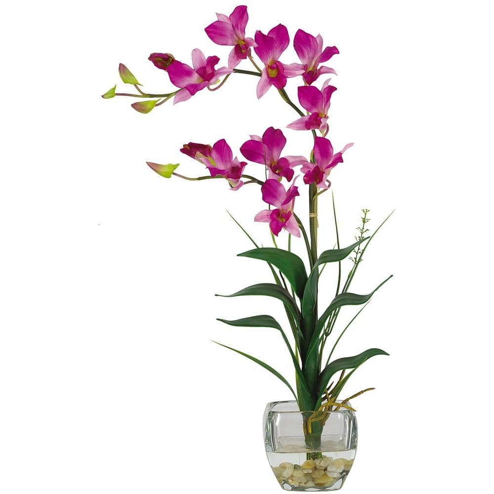 Nearly Natural 22 in. Artificial Purple Dendrobium Silk Orchid Flower Arrangement The Nearly Natural 22 in. Dendrobium Silk Orchid Flower Arrangement features a variety of Dendrobium orchids that arch over natural stems and gorgeous green leaves. The arrangement's bright purple color is lively, and its silk petals look and feel lifelike. Filled with artificial water and river rocks, the arrangement's classic glass vase complements many home and office decors.