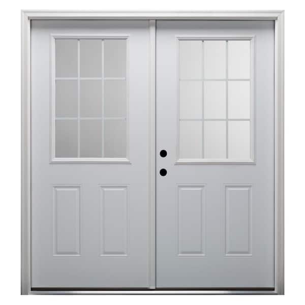 MMI DOOR 64 in. x 80 in. White Internal Grilles Right-Hand Inswing 1/2-Lite Clear Primed Fiberglass Smooth Prehung Front Door