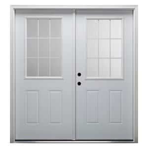 64 in. x 80 in. White Internal Grilles Right-Hand Inswing 1/2-Lite Clear Glass 2-Panel Primed Steel Prehung Front Door
