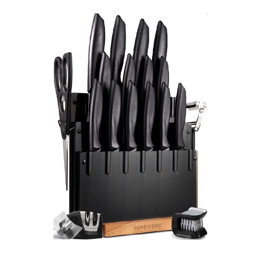 Black Stainless Steel Kitchen Knife Set with Sharpener with Ergonomic Handl
