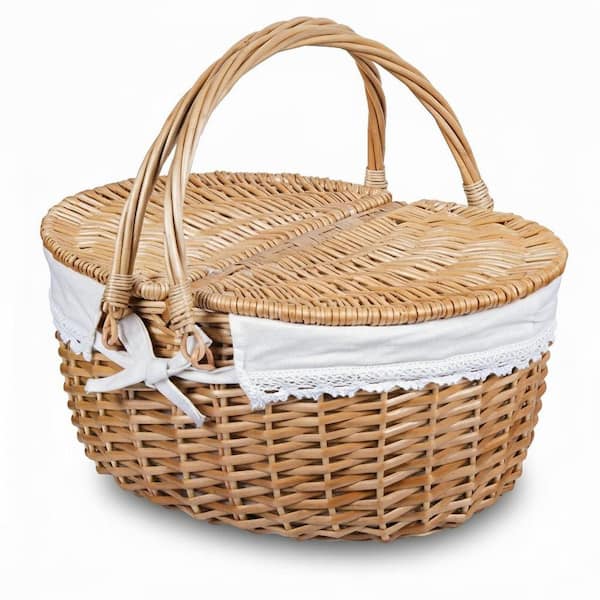 White Wicker Picnic Basket with Lid Handle Sturdy Woven Body with Washable Lining Easter Mother's Day Outdoor Camping