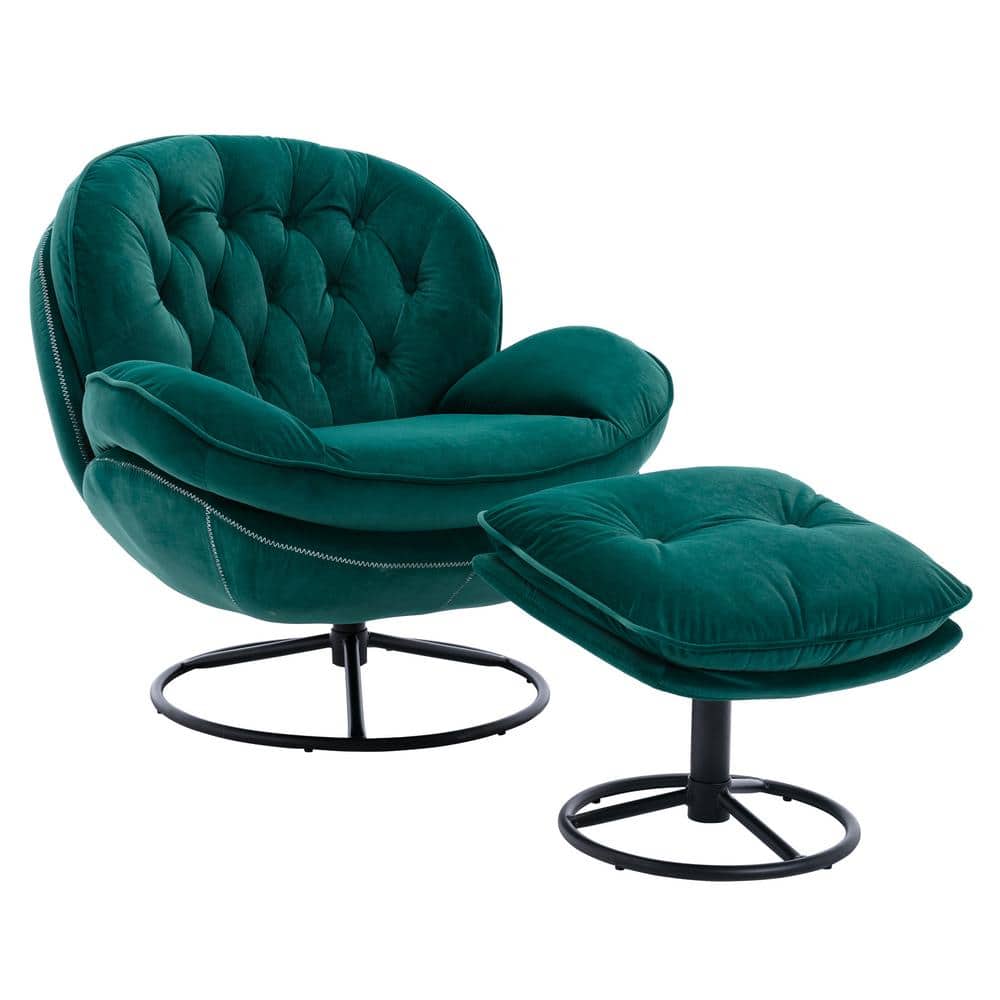 Modern Dark Green Tufted Velvet Swivel Egg Chair with Ottoman