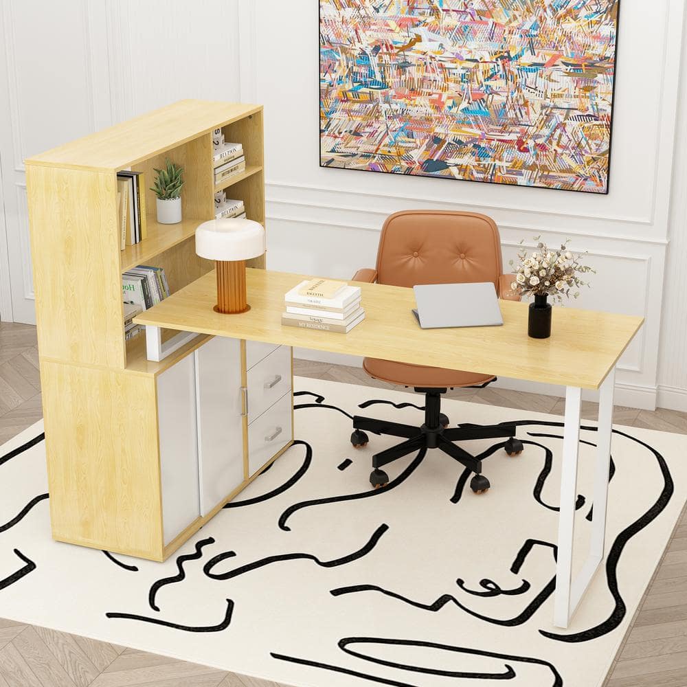 FUFU&GAGA 55.1 in. L-Shaped Brown Wood Computer Desk Workstation w/Big Bookshelf, Movable Tabletop, Cable Hole, Cabinet, Drawers