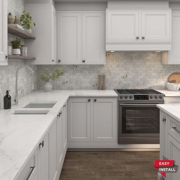 Xpress Mosaix Peel 'N Stick Daphne White Beveled 14 in. x 12 in. Marble Brick Joint Mosaic Tile (11.64 sq. ft./Case)