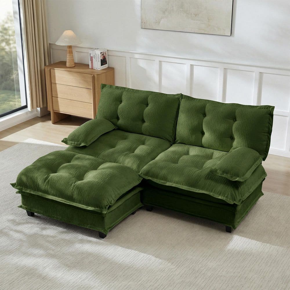 Joyce 77 in. Chenille Upholstery L-Shaped Sectional Sofa in. Green with Ottoman