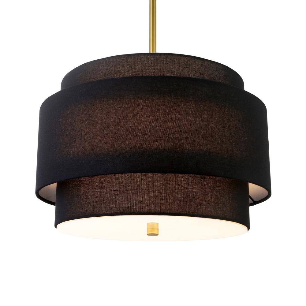 Brass and Black Double Drum Pendant Light with Fabric Shade