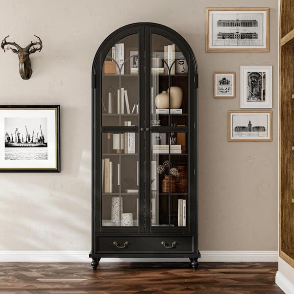 77.2 in. Tall Dark Wood 5-Shelf Accent Bookcase with Storage Drawer, Modern Display Cabinet with Arched Glass Doors