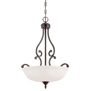 3-Light Rubbed Bronze Pendant with Etched White Glass