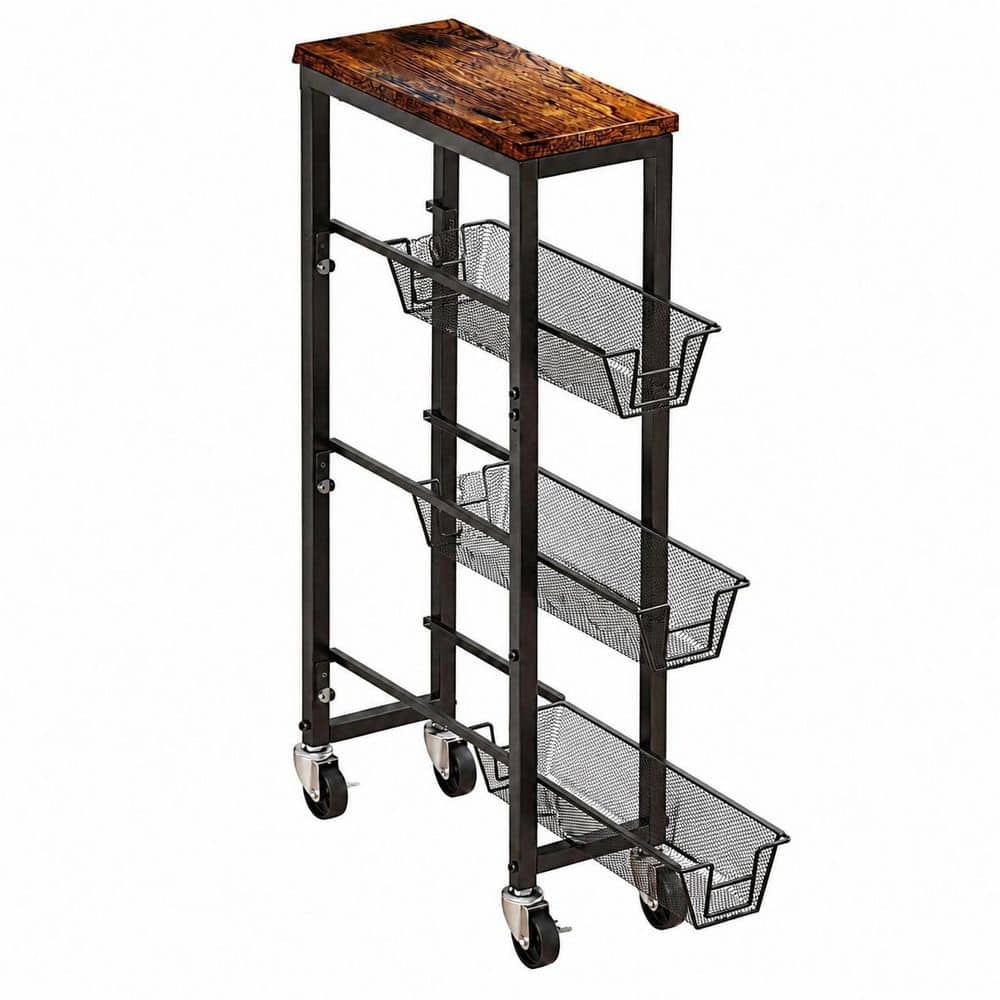4-Tier Rustic Brown and Black Slim Rolling Storage Cart with Metal Frame and Wooden Top
